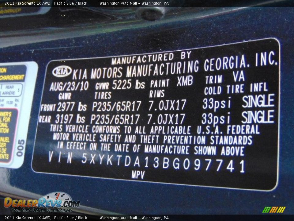 2011 Kia Sorento LX AWD Pacific Blue / Black Photo #17