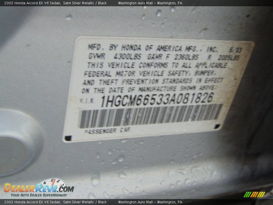 2003 Honda Accord EX V6 Sedan Satin Silver Metallic / Black Photo #19