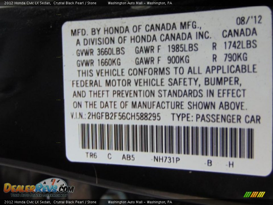 2012 Honda Civic LX Sedan Crystal Black Pearl / Stone Photo #19
