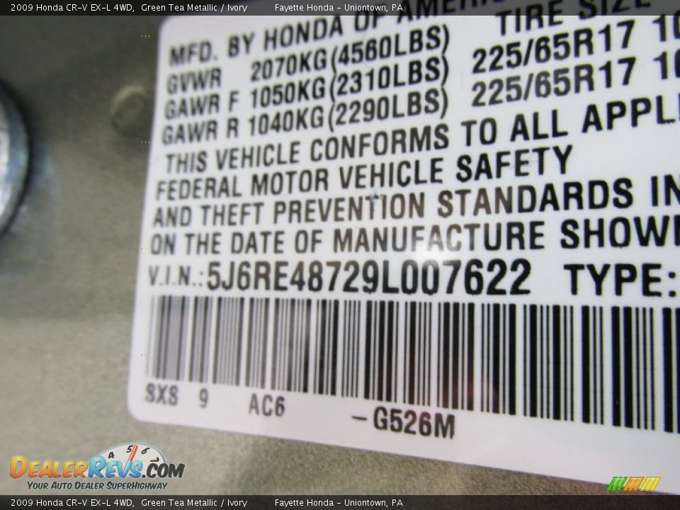 2009 Honda CR-V EX-L 4WD Green Tea Metallic / Ivory Photo #9