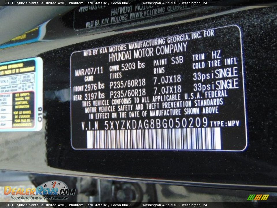 2011 Hyundai Santa Fe Limited AWD Phantom Black Metallic / Cocoa Black Photo #19