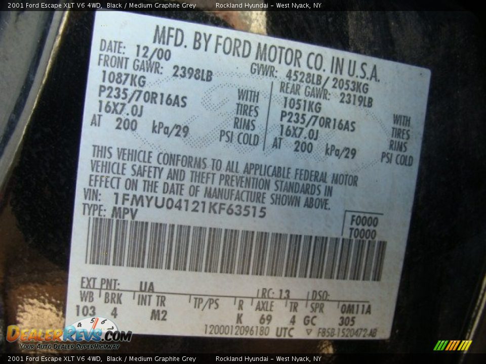 2001 Ford Escape XLT V6 4WD Black / Medium Graphite Grey Photo #31