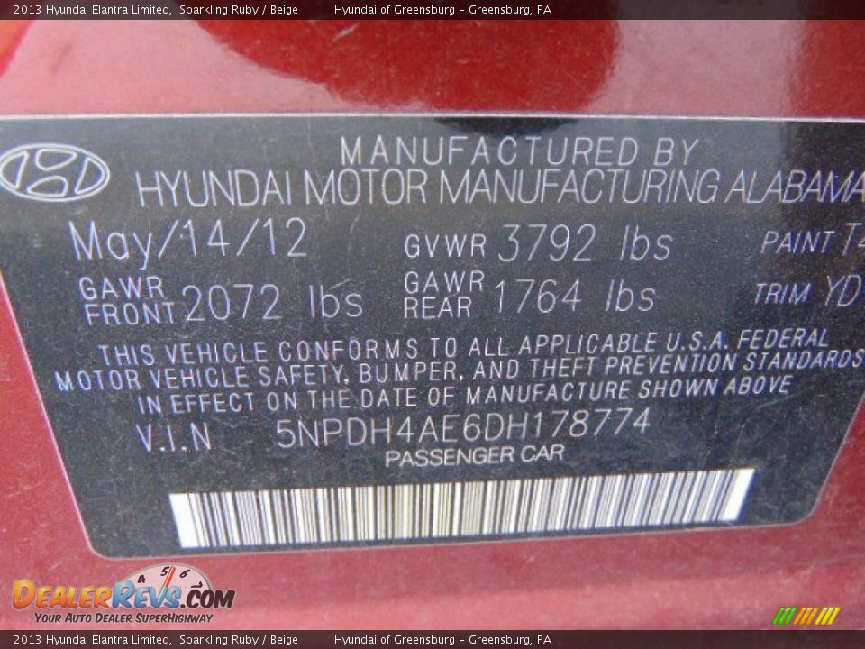 2013 Hyundai Elantra Limited Sparkling Ruby / Beige Photo #24