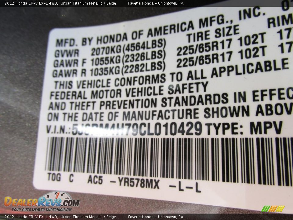 2012 Honda CR-V EX-L 4WD Urban Titanium Metallic / Beige Photo #9