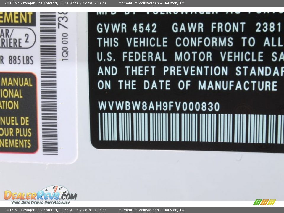 2015 Volkswagen Eos Komfort Pure White / Cornsilk Beige Photo #25