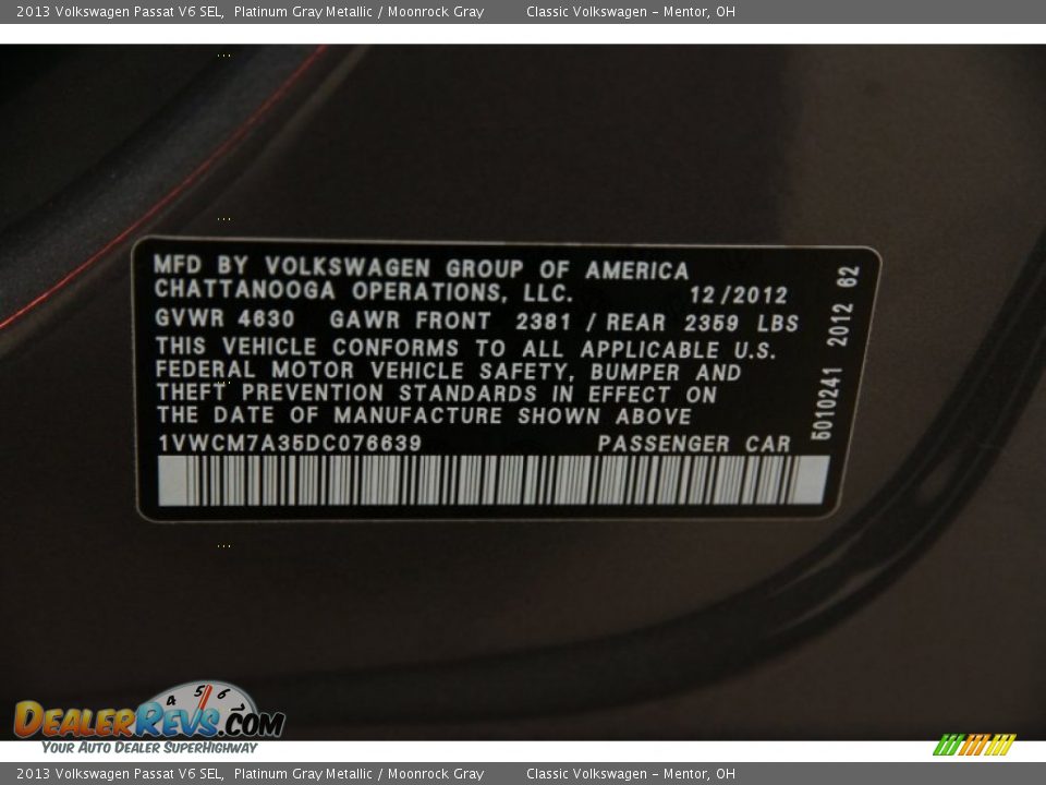 2013 Volkswagen Passat V6 SEL Platinum Gray Metallic / Moonrock Gray Photo #20