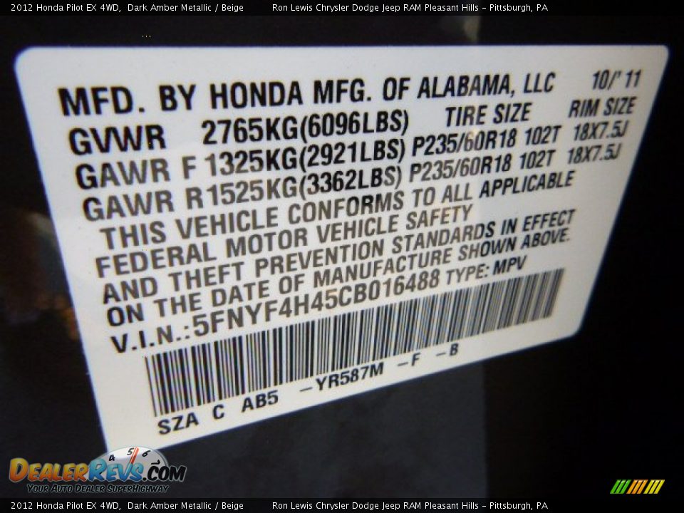 2012 Honda Pilot EX 4WD Dark Amber Metallic / Beige Photo #19