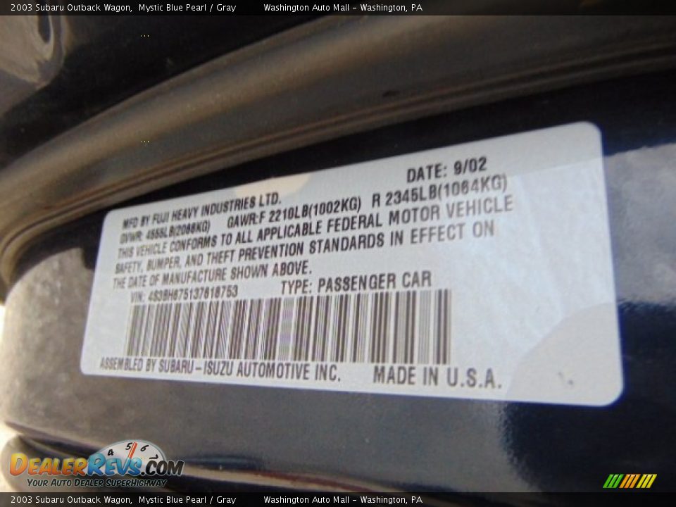 2003 Subaru Outback Wagon Mystic Blue Pearl / Gray Photo #19