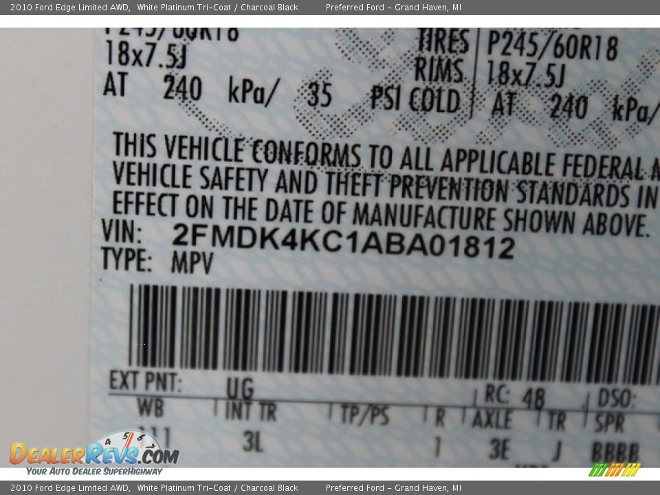2010 Ford Edge Limited AWD White Platinum Tri-Coat / Charcoal Black Photo #16