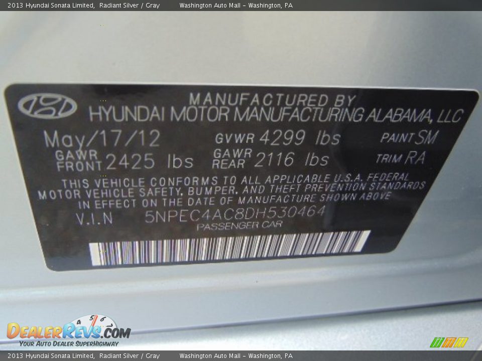 2013 Hyundai Sonata Limited Radiant Silver / Gray Photo #19