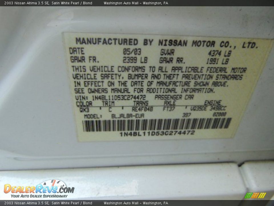 2003 Nissan Altima 3.5 SE Satin White Pearl / Blond Photo #19