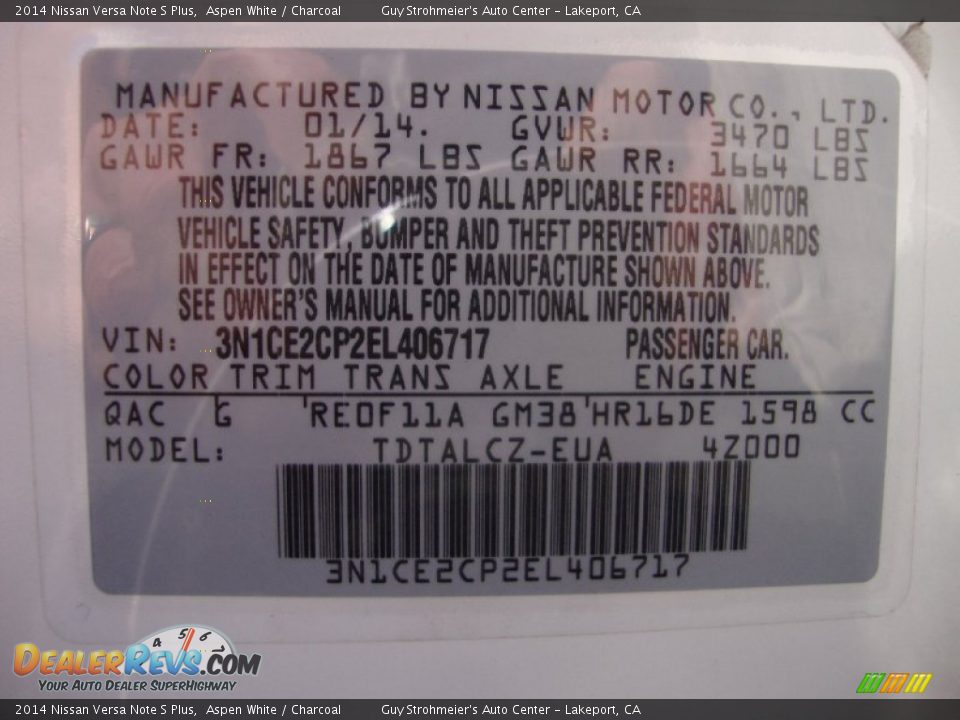 2014 Nissan Versa Note S Plus Aspen White / Charcoal Photo #25