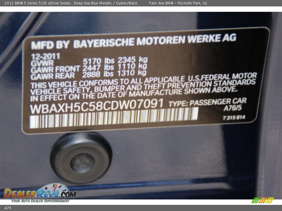 BMW Color Code A76 Deep Sea Blue Metallic