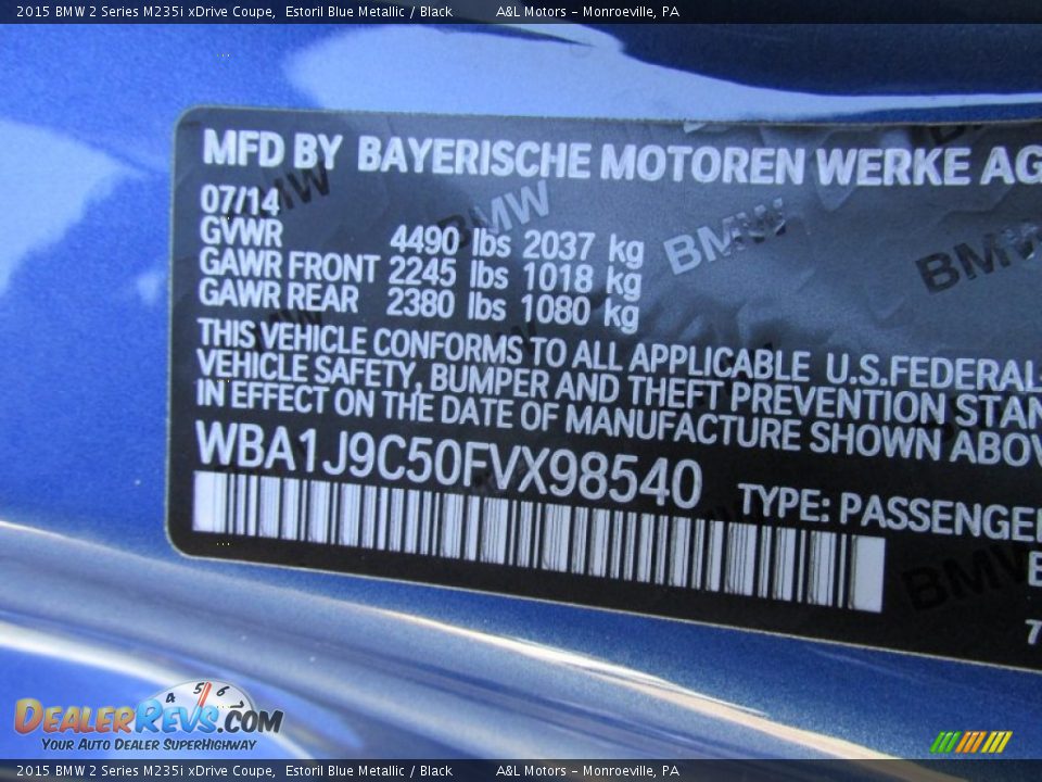 2015 BMW 2 Series M235i xDrive Coupe Estoril Blue Metallic / Black Photo #19