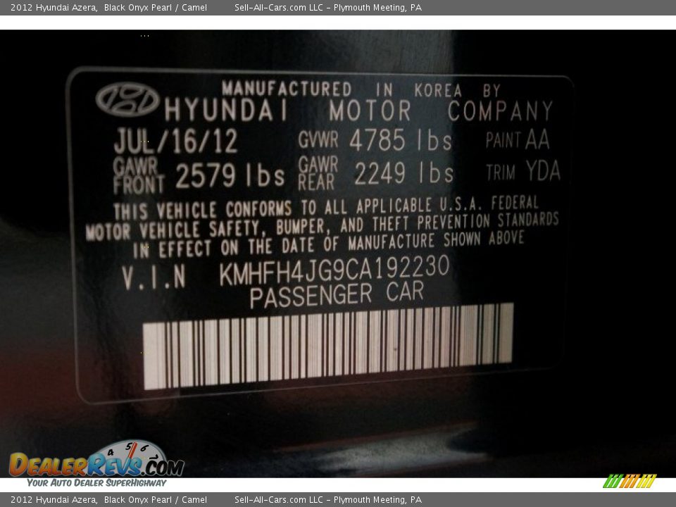 2012 Hyundai Azera Black Onyx Pearl / Camel Photo #14