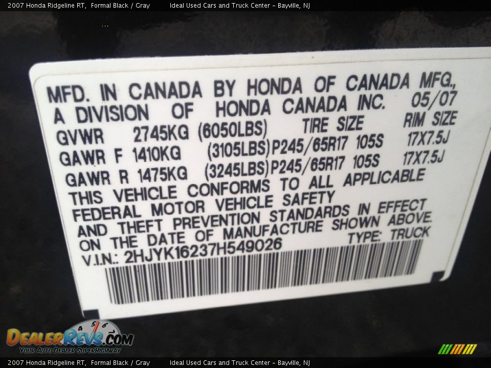 2007 Honda Ridgeline RT Formal Black / Gray Photo #26