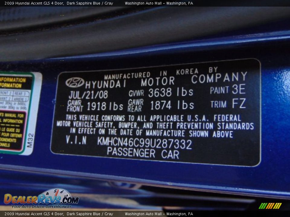 2009 Hyundai Accent GLS 4 Door Dark Sapphire Blue / Gray Photo #19