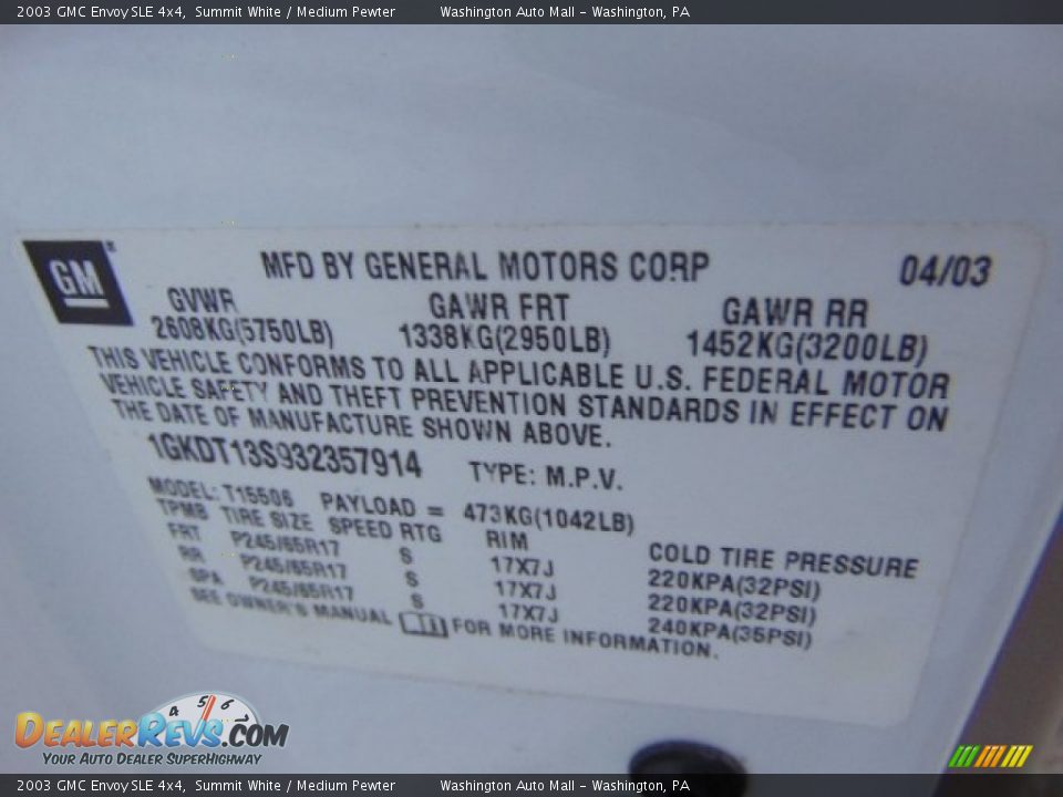 2003 GMC Envoy SLE 4x4 Summit White / Medium Pewter Photo #19