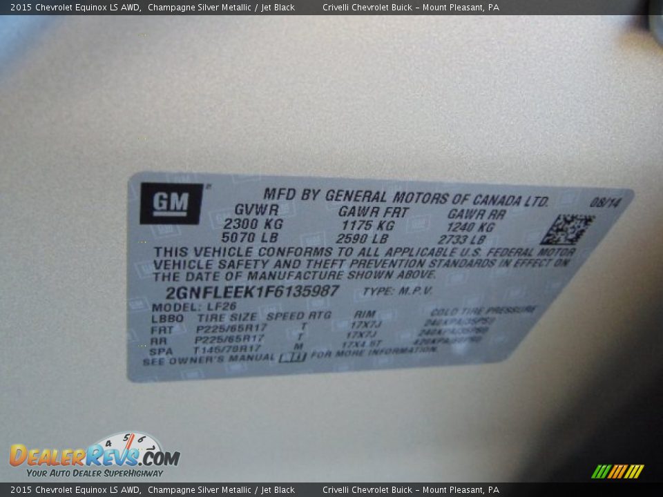 2015 Chevrolet Equinox LS AWD Champagne Silver Metallic / Jet Black Photo #20