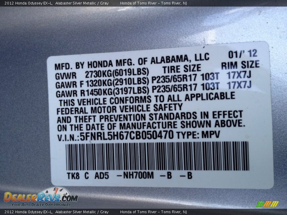 2012 Honda Odyssey EX-L Alabaster Silver Metallic / Gray Photo #19