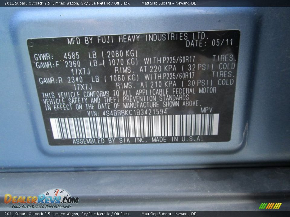 2011 Subaru Outback 2.5i Limited Wagon Sky Blue Metallic / Off Black Photo #30