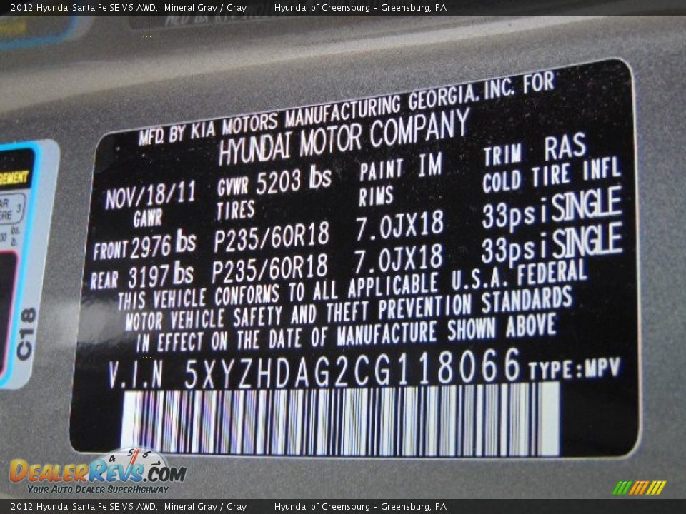 2012 Hyundai Santa Fe SE V6 AWD Mineral Gray / Gray Photo #24