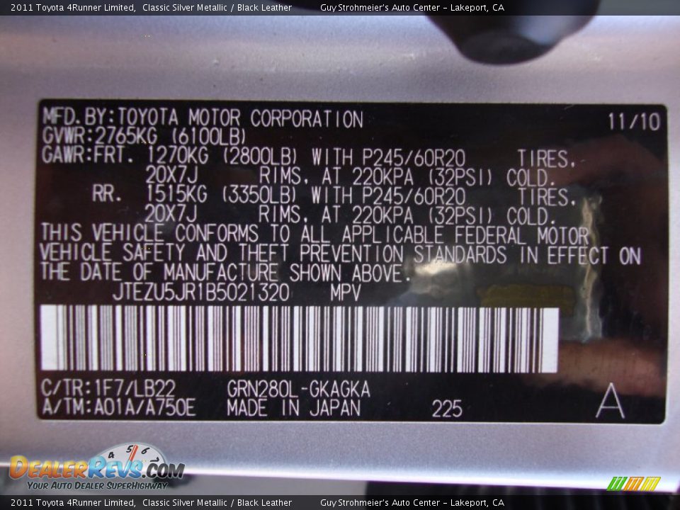 2011 Toyota 4Runner Limited Classic Silver Metallic / Black Leather Photo #28