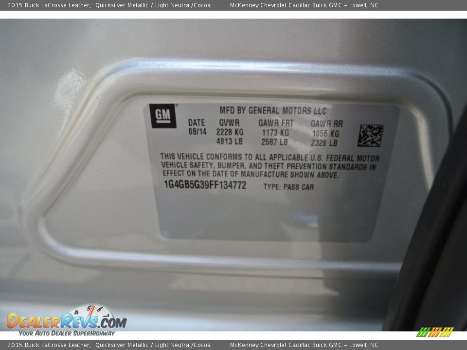 2015 Buick LaCrosse Leather Quicksilver Metallic / Light Neutral/Cocoa Photo #7
