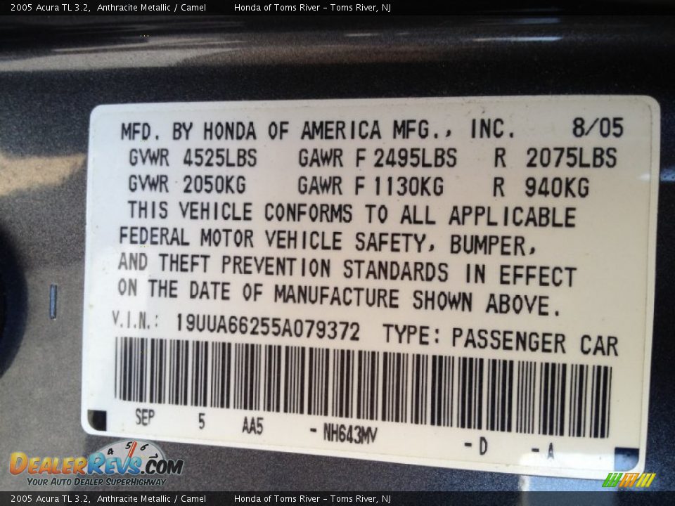 2005 Acura TL 3.2 Anthracite Metallic / Camel Photo #16
