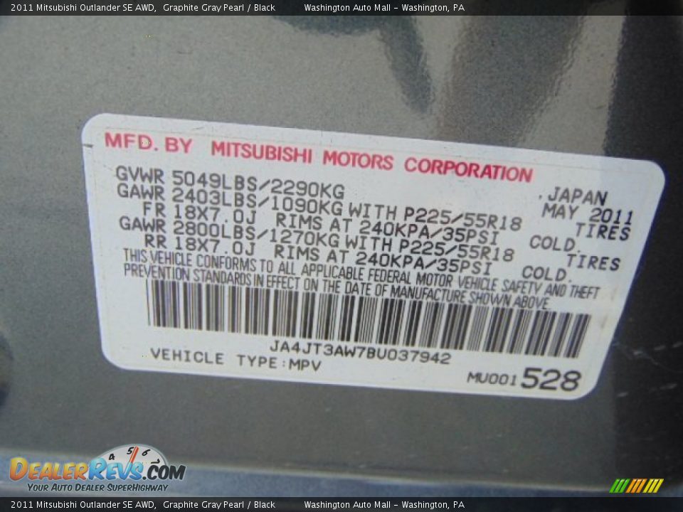 2011 Mitsubishi Outlander SE AWD Graphite Gray Pearl / Black Photo #19