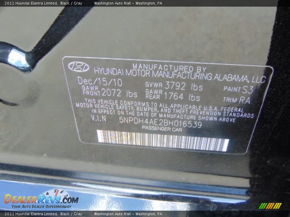 2011 Hyundai Elantra Limited Black / Gray Photo #19