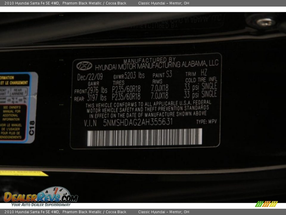 2010 Hyundai Santa Fe SE 4WD Phantom Black Metallic / Cocoa Black Photo #17