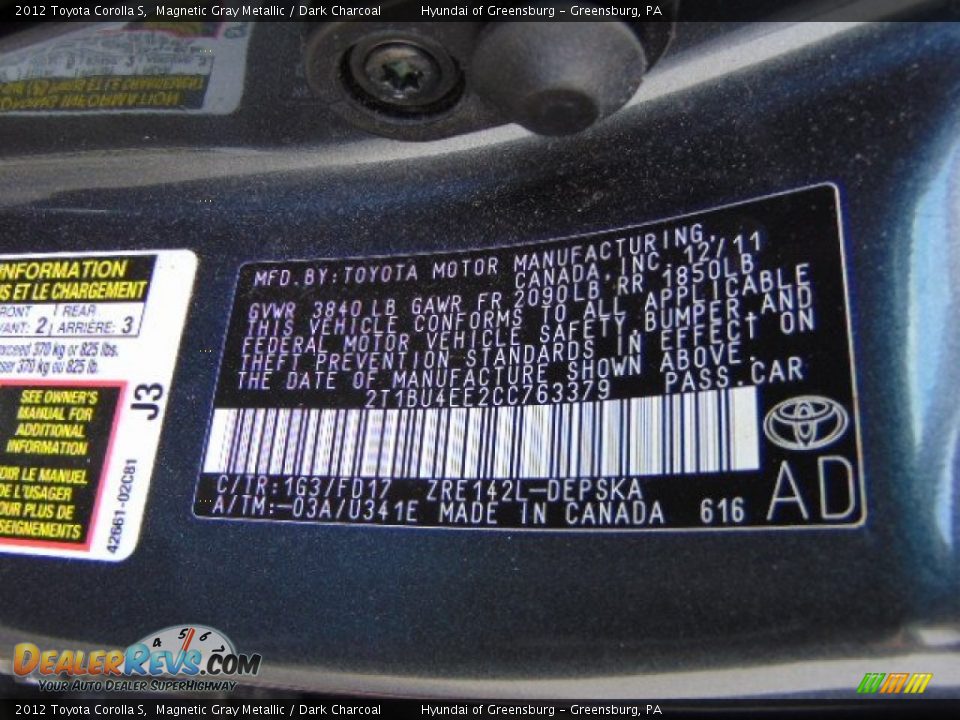 2012 Toyota Corolla S Magnetic Gray Metallic / Dark Charcoal Photo #24