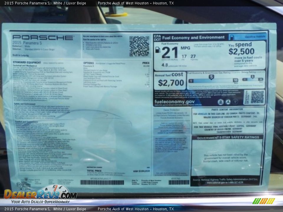 2015 Porsche Panamera S Window Sticker Photo #32