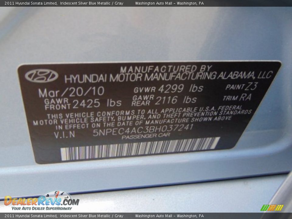 2011 Hyundai Sonata Limited Iridescent Silver Blue Metallic / Gray Photo #19