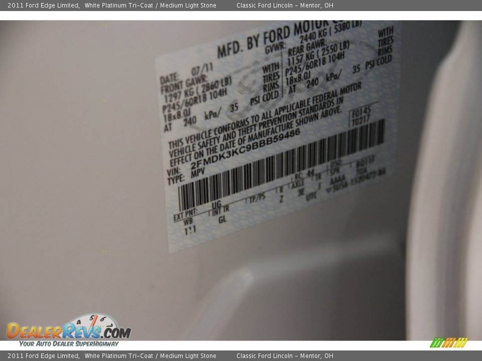 2011 Ford Edge Limited White Platinum Tri-Coat / Medium Light Stone Photo #24