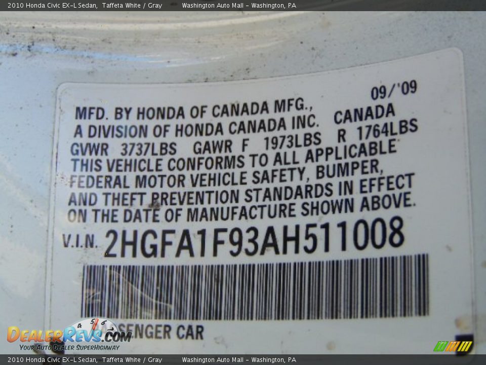2010 Honda Civic EX-L Sedan Taffeta White / Gray Photo #19