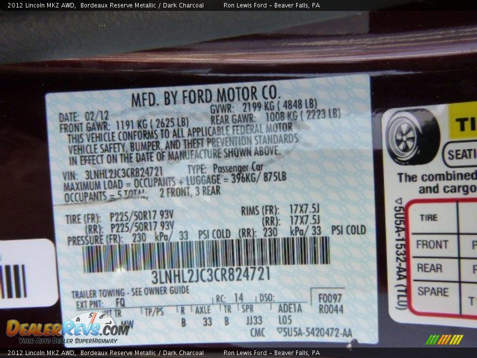 2012 Lincoln MKZ AWD Bordeaux Reserve Metallic / Dark Charcoal Photo #20