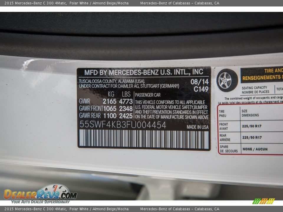 2015 Mercedes-Benz C 300 4Matic Polar White / Almond Beige/Mocha Photo #7