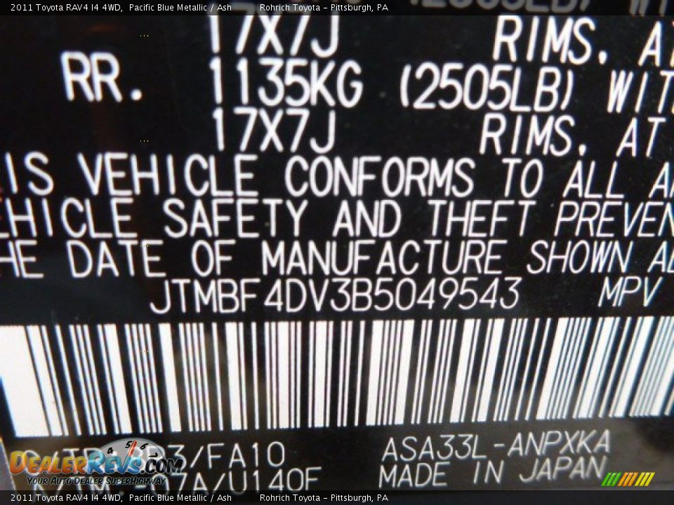 2011 Toyota RAV4 I4 4WD Pacific Blue Metallic / Ash Photo #3