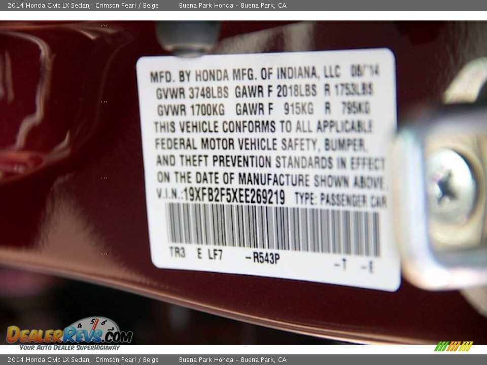 2014 Honda Civic LX Sedan Crimson Pearl / Beige Photo #20