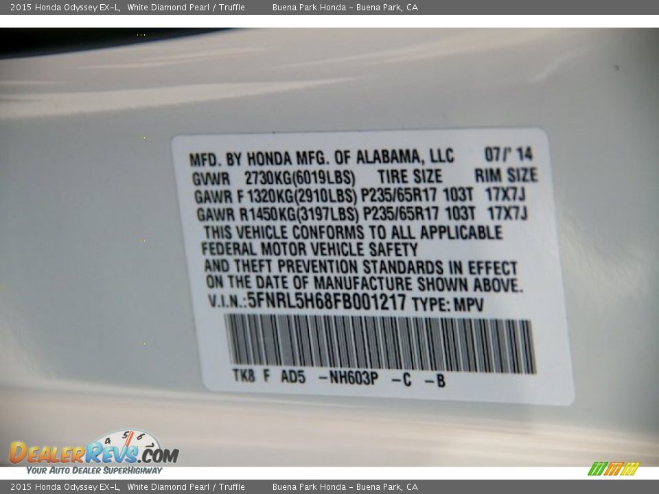 2015 Honda Odyssey EX-L White Diamond Pearl / Truffle Photo #27