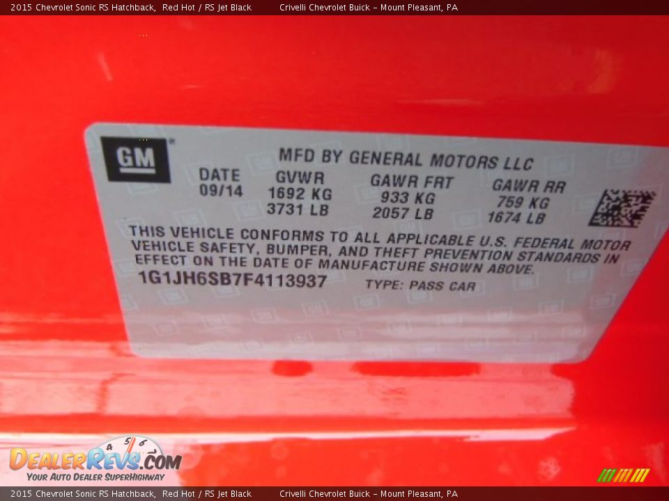 Info Tag of 2015 Chevrolet Sonic RS Hatchback Photo #25