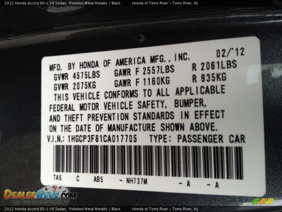 2012 Honda Accord EX-L V6 Sedan Polished Metal Metallic / Black Photo #16