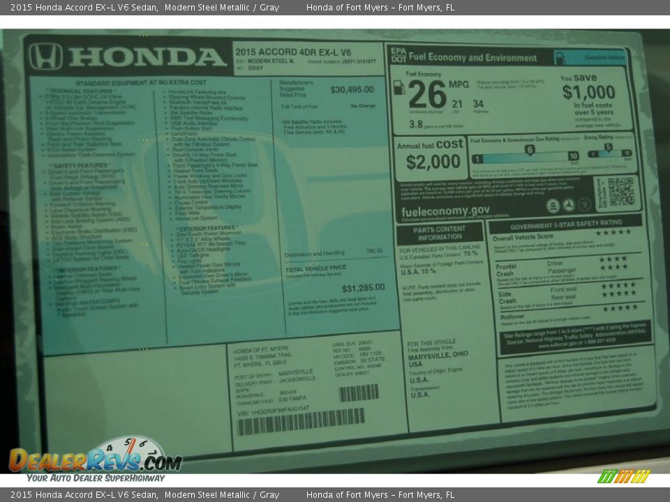 2015 Honda Accord EX-L V6 Sedan Modern Steel Metallic / Gray Photo #6