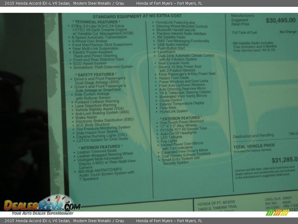 2015 Honda Accord EX-L V6 Sedan Modern Steel Metallic / Gray Photo #7