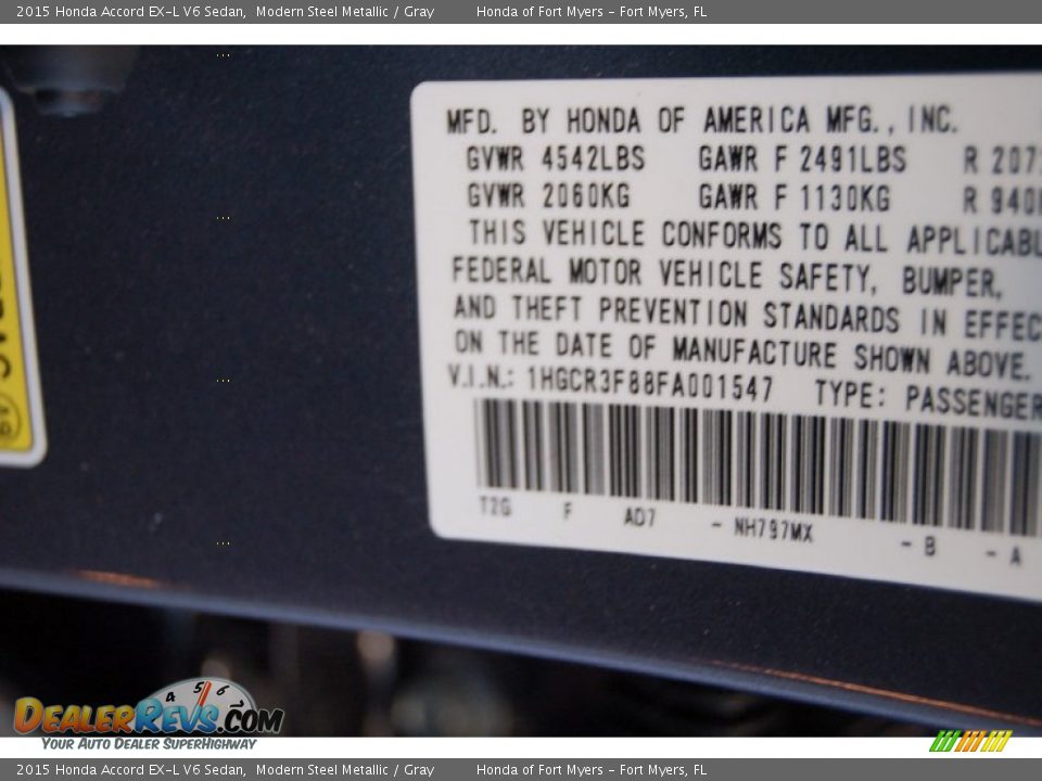 2015 Honda Accord EX-L V6 Sedan Modern Steel Metallic / Gray Photo #30