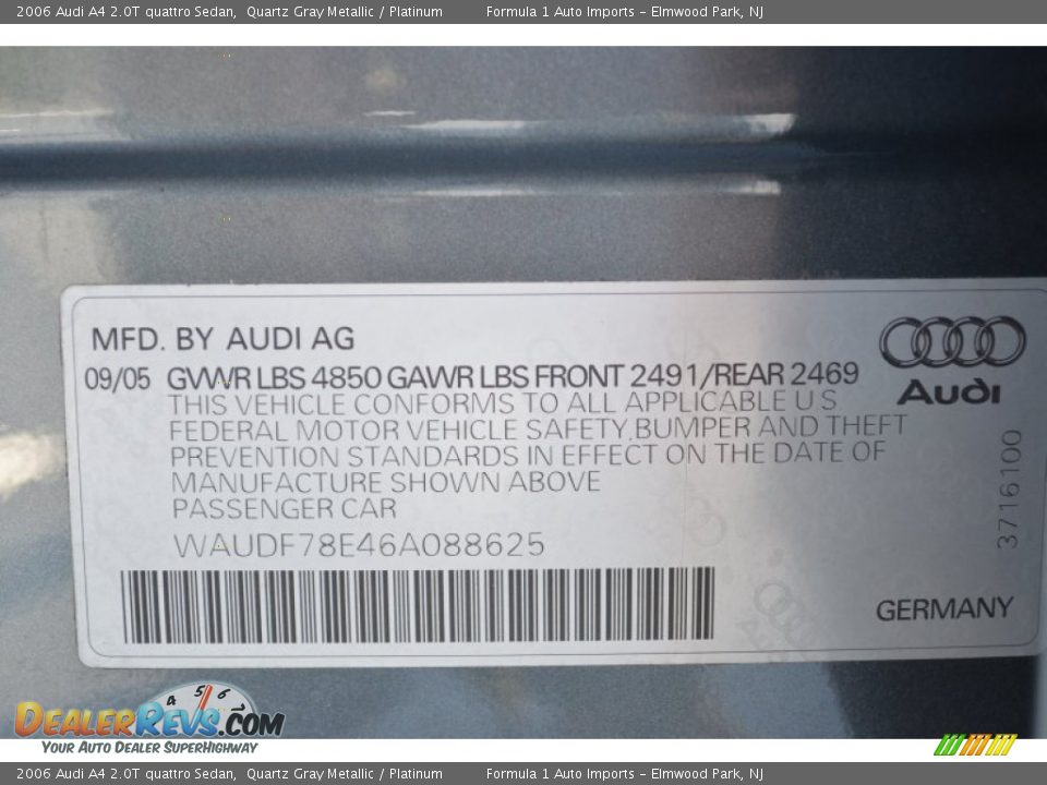 2006 Audi A4 2.0T quattro Sedan Quartz Gray Metallic / Platinum Photo #22