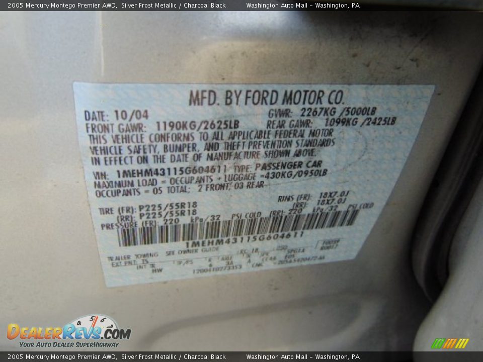 2005 Mercury Montego Premier AWD Silver Frost Metallic / Charcoal Black Photo #19