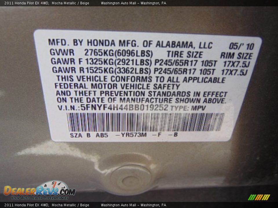 2011 Honda Pilot EX 4WD Mocha Metallic / Beige Photo #19
